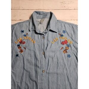 Vintage Bay Beauty Las Vegas Embroidered Womens L Chambray Shirt Dice Casino